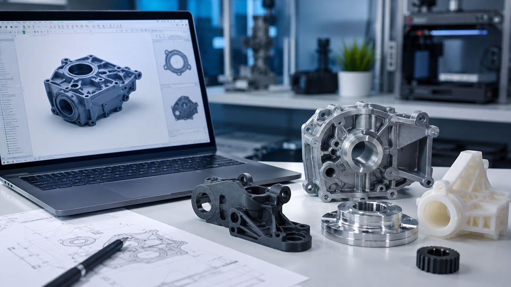 Precision machined parts and CAD models on engineering workbench