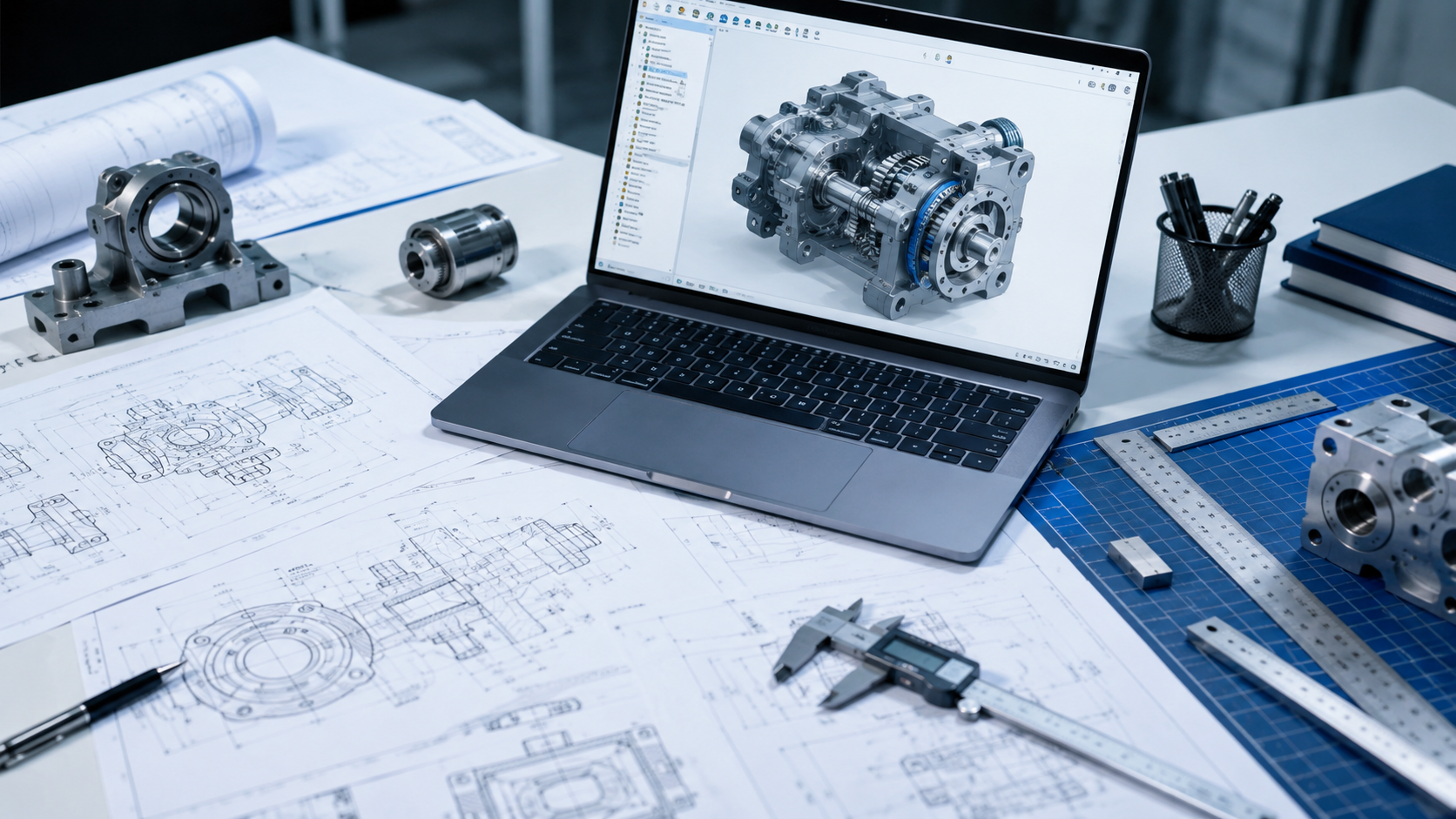 SolidWorks CAD model on laptop surrounded by engineering drawings and precision machined parts