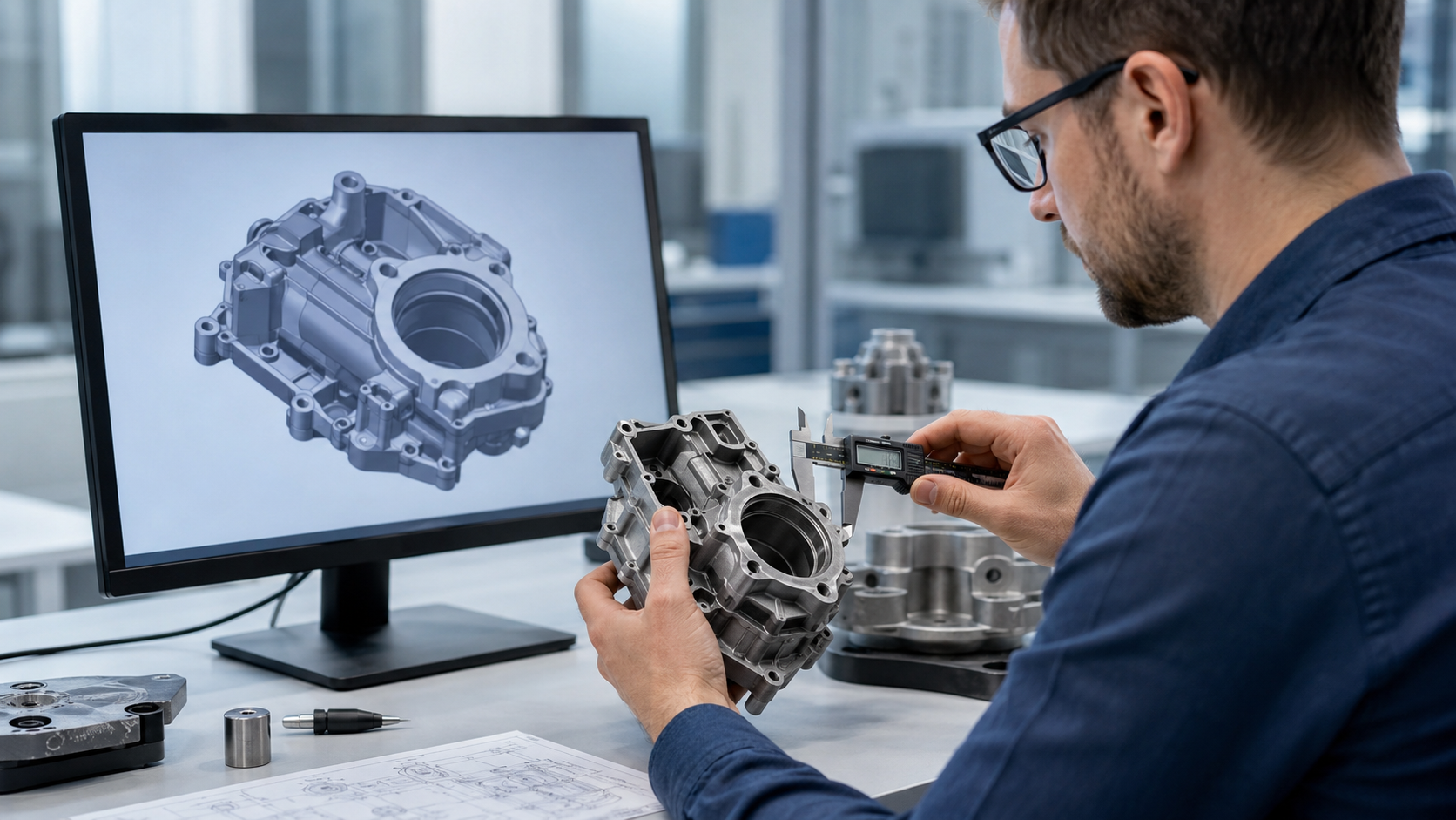 Designer reviewing machined part against CAD model